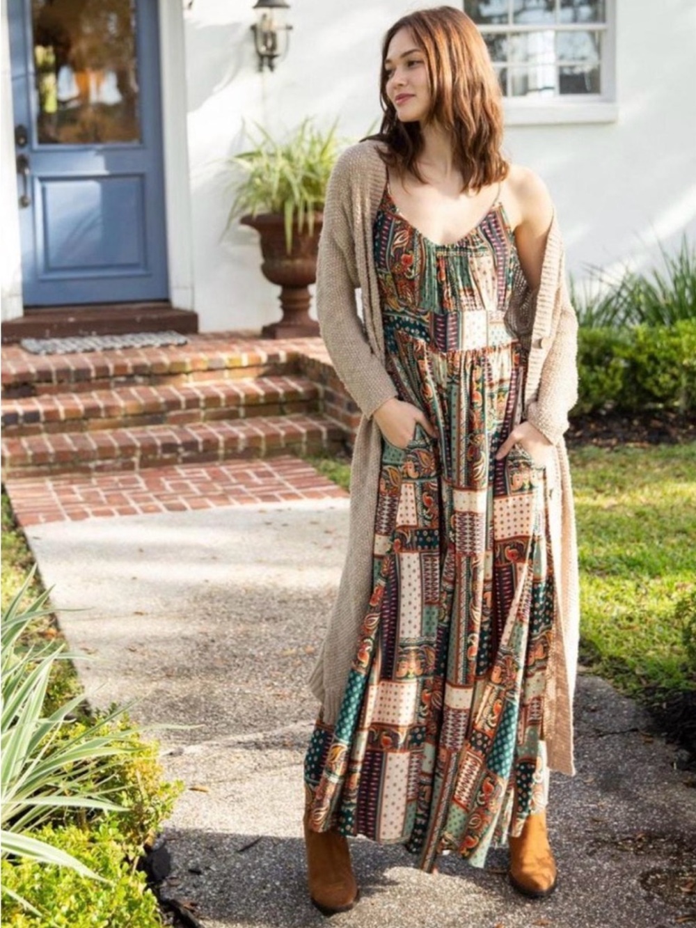 Boho Natural Life Golden Eye Wide Leg Jumpsuit Paisley Patchwork Medium
